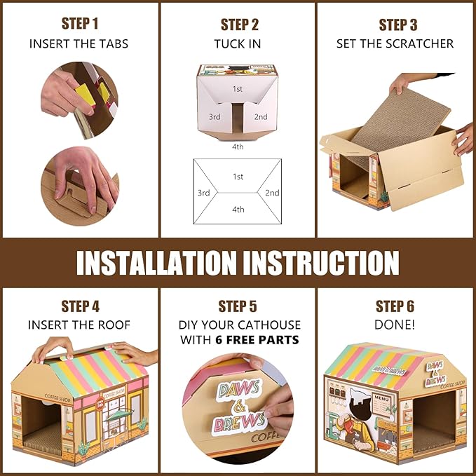 SEKAM Cardboard Cat House with Scratcher/Catnip, (16.5''x12''x15'') Kitty Coffee Shop for Indoor/Outdoor Cats, Cat Play House&Home Decor, Cat Scratch Toy for Birthday, Hideout for Bunny Small Animals