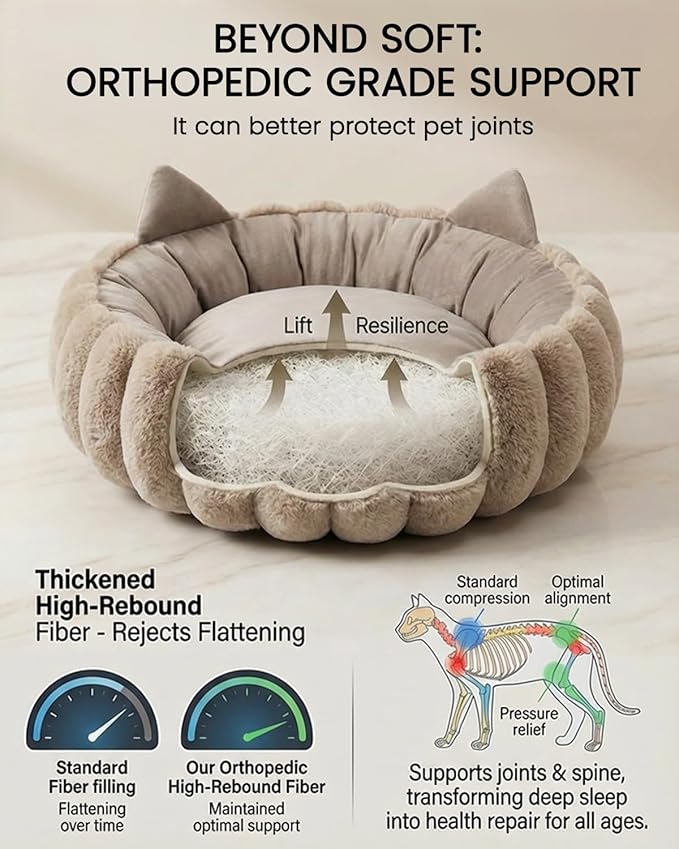 24 Inch Round Cat Beds for Indoor Cats, Cute Plush Kitty Bed with Cat Ears, Calming Cat Donut Bed with Supportive Cushion, Washable Cat Bed for Indoor Cats, Kitten Bed, Large Cat Bed