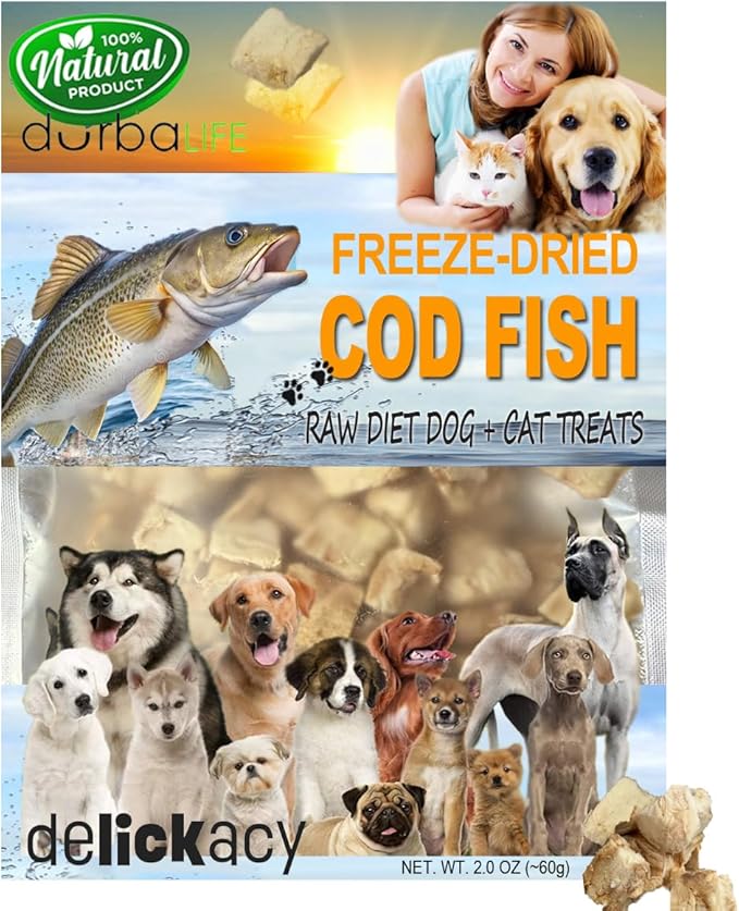 Freeze-Dried Cod Fish Dog & Cat Treats Single-Ingredient, Low-Calorie, Easily Digestible Snacks for All Life Stages & Pets with Food Sensitivities, Promote Healthy Skin/Coat (2 Ounce, COD Fish)