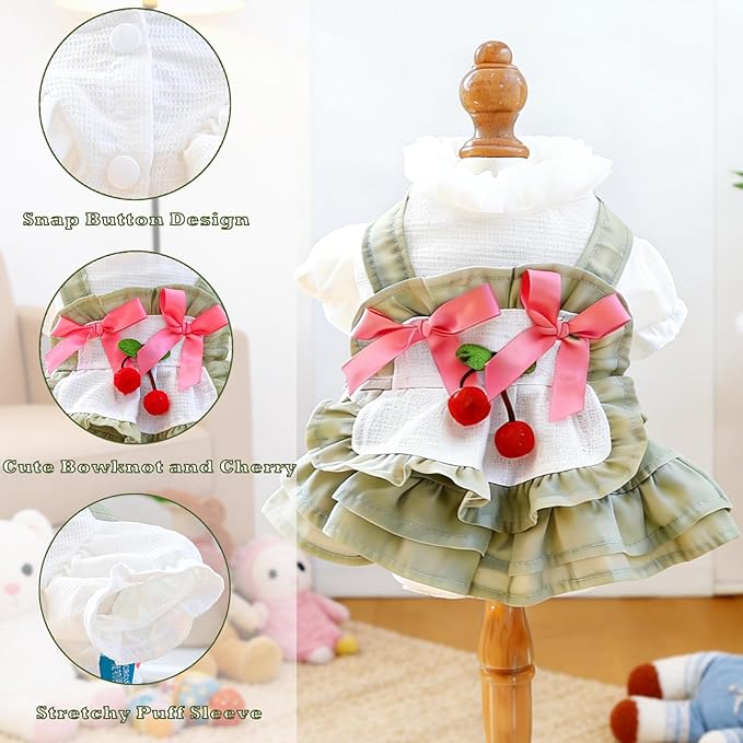 2 Pcs Pet Floral Dress and Lace Sunhat, Summer Skirt with Laces for Dog, Cute Bowknot Dresses for Cat, for Birthday Party and Outdoor Travel (Green, Medium)
