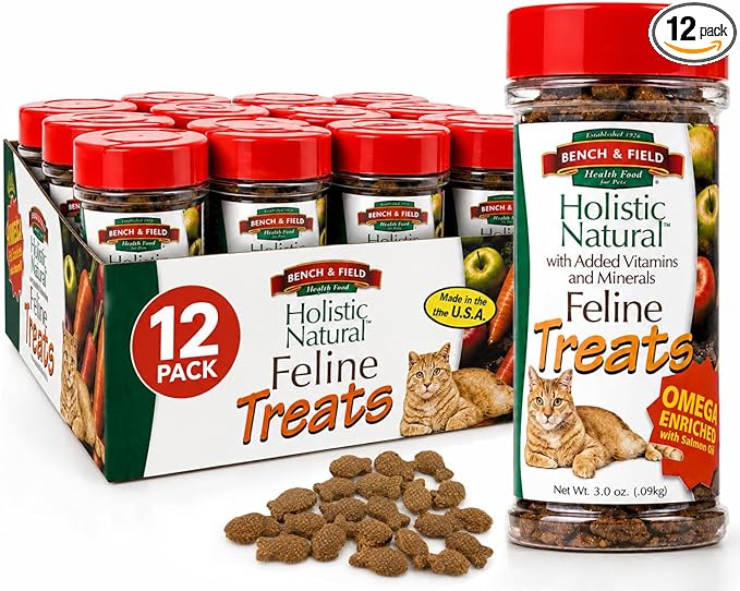 Bench & Field Holistic Natural Healthy Kitty Cat Treats | Crunchy Fish-Shaped Bites | Delicious Seafood Flavored Snack, 3-Ounce (Pack of 12 Bottles)