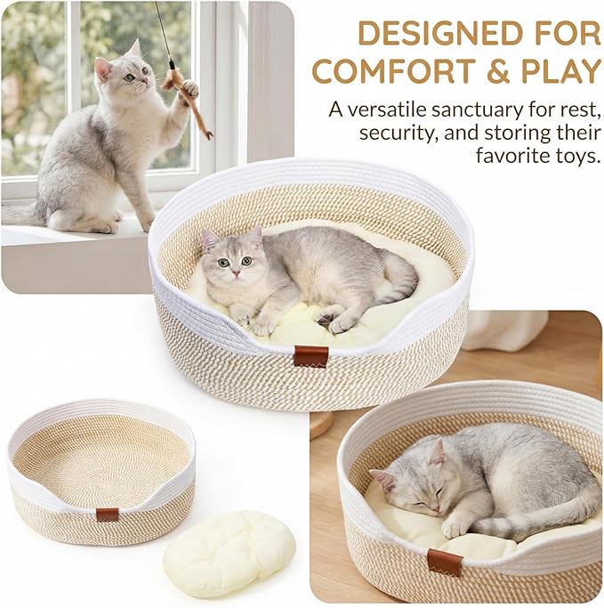 Cat Basket with Cushion, 20 Inch Cotton Rope Pet Sleeping Bed, Versatile Cozy Kitten Nesting Basket Dog Toy Organizer for Medium Large Pet, All Season Universal