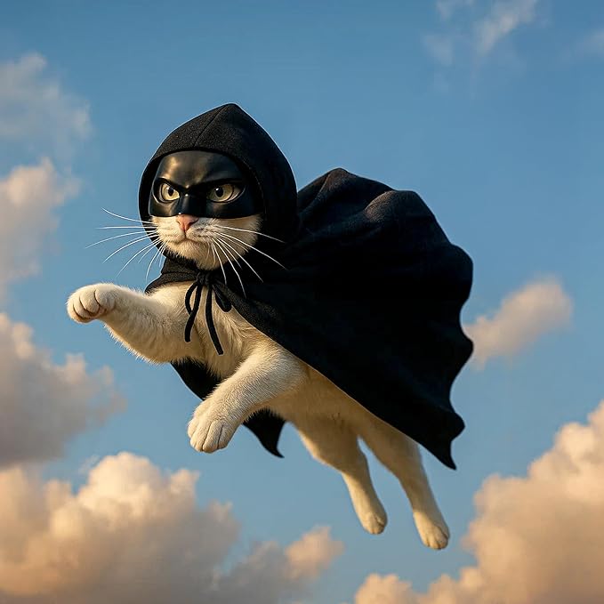 Black Bat Cat Mask and Cloak Costume for Indoor Cats, Funny Superhero Pet Outfit for Christmas, Cosplay, Parties and Photoshoots, Hooded Cape for Cats – Big Size