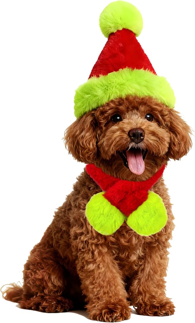 Dog Christmas Hat with Scarf, Cat Santa Hat Soft Plush Dogs Mini Santa Hats Small Dogs or Cats Pet Costumes Goose Cat Christmas Outfit(Green Red, Medium)