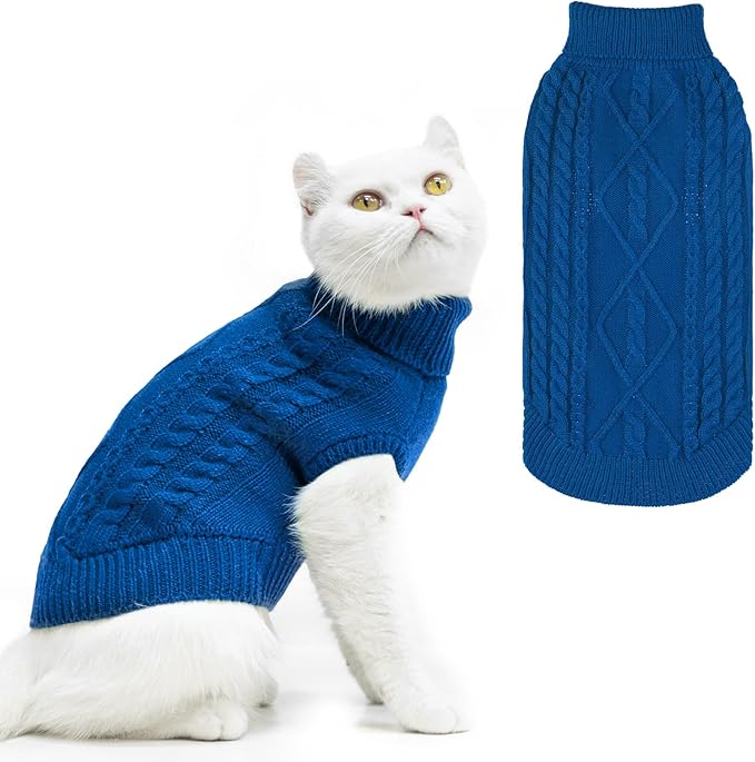 PUPTECK Winter Cat Sweater Coat - Soft Warm Cold Weather Clothes Knitwear for Kittens & Small Dogs Indoor Outdoor Wearing, Knitted Classic for Doggies Kitties Girls Boys, Dark Blue, S