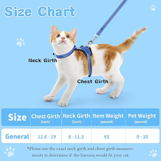 Cat Harness and Leash Set for Walking,Adjustable Escape Proof Kitten Harness and Leash with Reflective Strips,Easy to Wear Soft Breathable Harness for Cats Puppy Bunny Dogs Blue