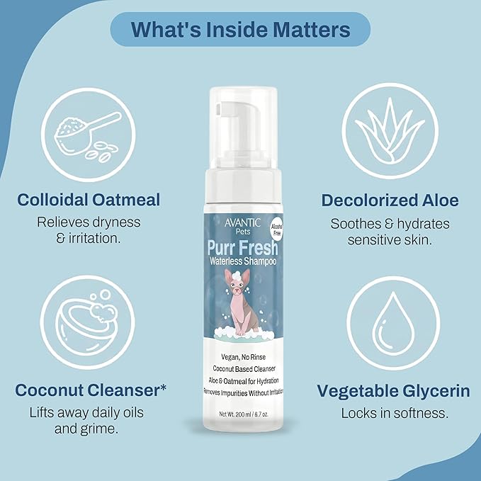 Avantic Pets Sphynx Cat Dry Shampoo, Waterless No-Rinse Skin Cleanser for Hairless Cats, Alcohol & Paraben Free, Hydrates & Soothes, 200ml