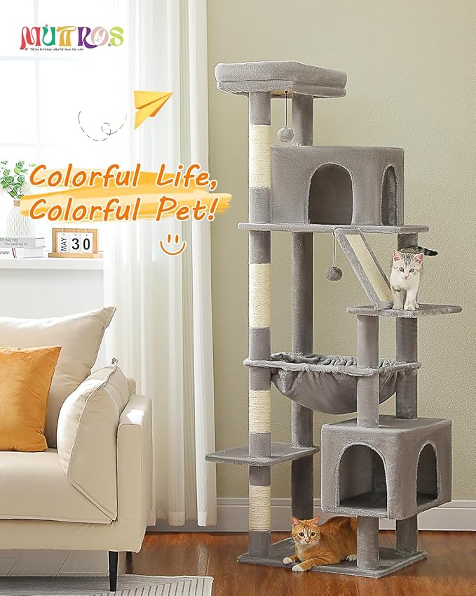MUTTROS 71" Tall Cat Tree for Large Cat 20 lbs with Super Large Hammock, Heavy Duty Cat Tower with 4 Sisal Scratching Posts & 2 Spacious Condos for Big Adult Cats Maine Coon-Grey