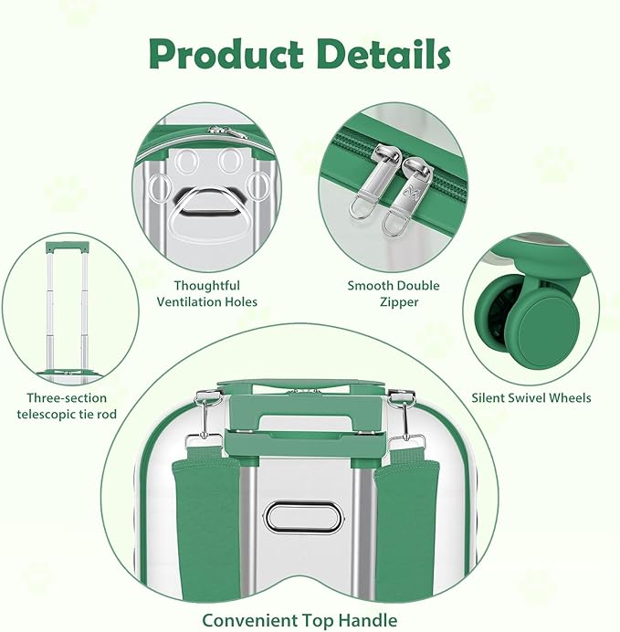 Cat Carrier Hard Shell Transparent Pet Trolley Box with Wheels, Pet Rolling Backpack with Telescopic Handle, Detachable Shoulder Strap, for Travel Outdoor Green