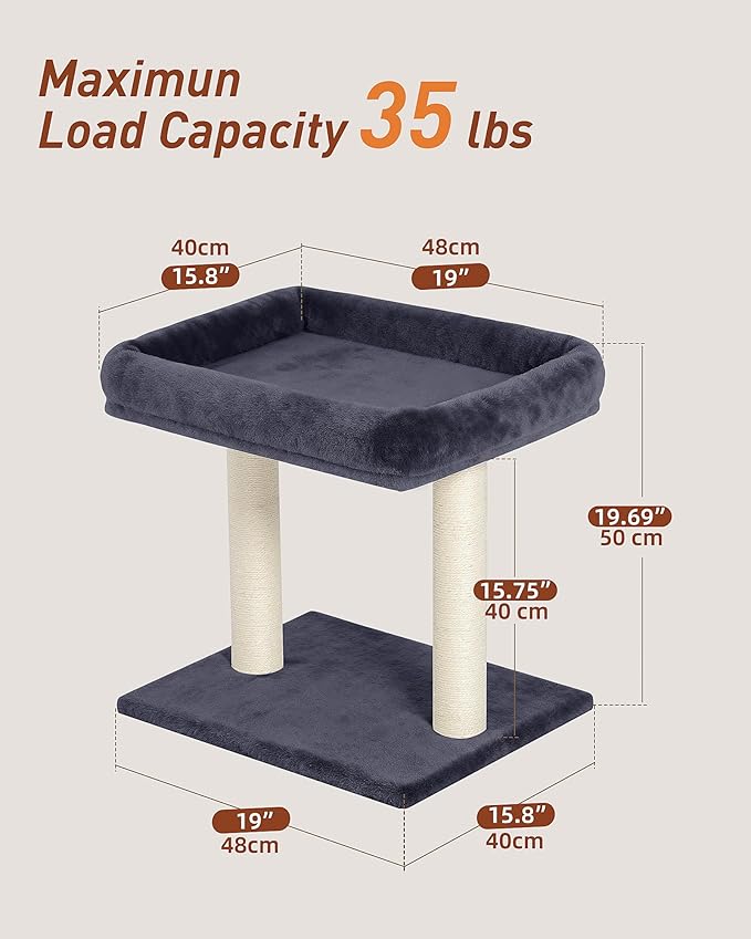 Cat Tree with Large Top Perch Bed (19"×15.8"), Small Cat Tower with Scratching Post for Indoor Cats, Dual Natural Sisal Scratcher,Space-Saving,Removable Bed (Dark Gray)