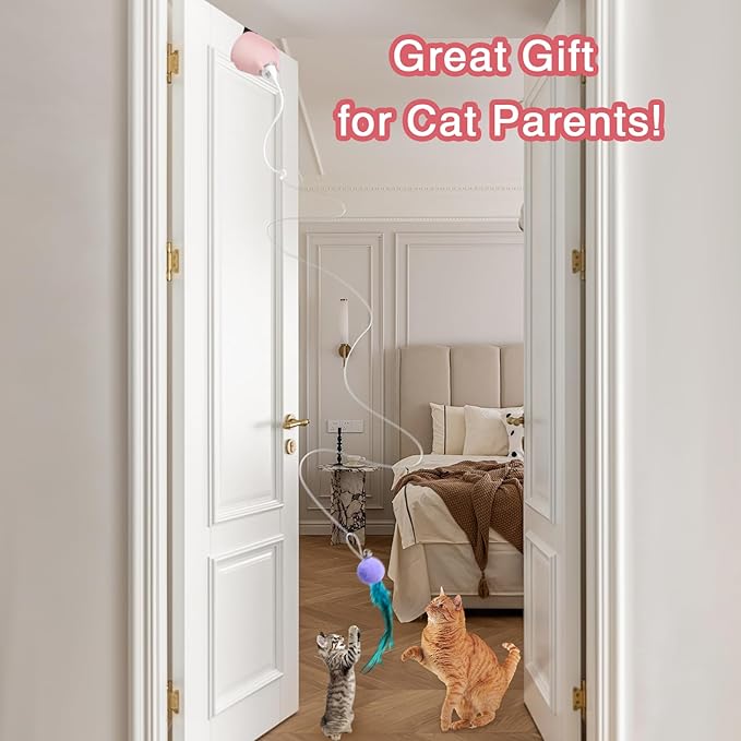 Cat Toys Interactive for Indoor Cats, Rechargeable Toy Hanging Door Electric with 4pcs Feathers Toys for Bored Kittens (Pink)