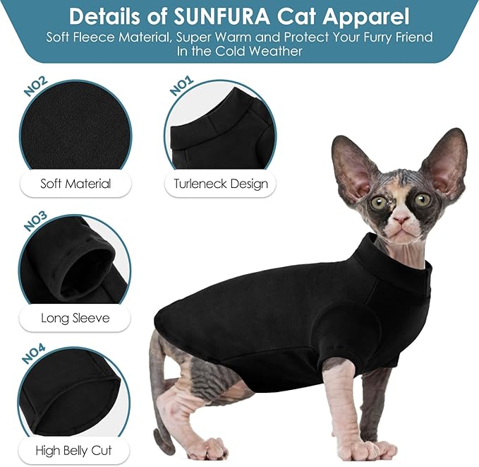 Turtleneck Sweater for Cat, Sphynx Cats Shirt Hairless Cat Sweaters with Sleeves, Warm and Soft Kitten Pullover Fleece Winter Pajamas Jumpsuit for Puppy Cats, Black XL