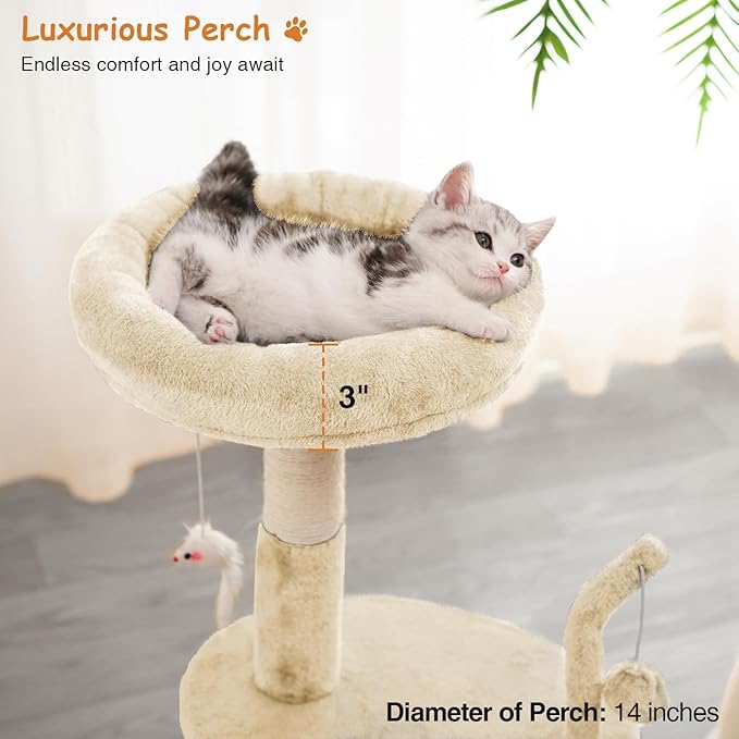 Goozii Large Cat Tree Tower with Scratching Post, Modern Kitten Tower for Indoor Cats, 32 Inch Tall Carpet Sisal Cat Scratcher Stand with Big Bed Perch,Scratch Ramp, Ball Toy for Kitty (Beige)
