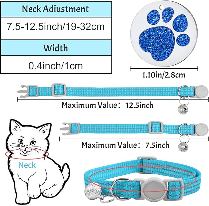 CAMAL Reflective Cat Collar with Name Tag, Personalized Cat Collar Breakaway with Bell, Customized Cat Collar Adjustable for Girls & Boys
