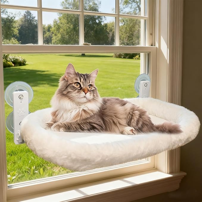 Extra Large Cat Window Hammock (23.8×11.8in) - Washable 2-Season Fabric Cover, 4 Strong Suction Cups, Solid Metal Frame - Foldable Cat Hammock for Large Cats/2 Cats, Cordless Design (White)