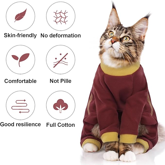 QBLEEV Sticky Hair Cat Clothes, Soft Cat Pajamas for Cats Only, Prevent Lost Fur Kitten Sweater Onesie, Stretchy Recovery Suit for Female Male Cats After Surgery Daily Wear, Burgundy, XL