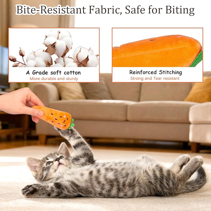 ETEKYER Catnip Cat Toys, 5 Pack, Plush Catnip Toys for Indoor Cats Kitty, Interactive Cat Nip Kitten Kicker Chew Safe Teeth Cleaning Toys, Fun Carrot Vegetable Shape