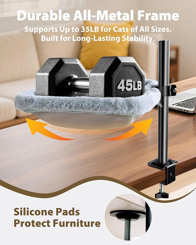 L&W BROS. Cat Desk Bed – Supports Up to 45lb, Clamp-On Hammock with 360° Rotating Arm, Adjustable Height Perch, Heavy Duty Metal Frame, Dual-Sided Washable Cover