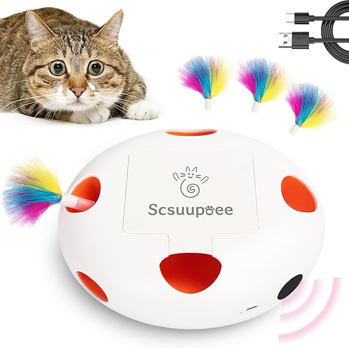 Cat Toys, Rechargeable Interactive Cat Toy, Smart Sensor Pop-Up Feather Toy with 7 Holes, USB Powered Automatic Kitten Toy for Indoor Cats, White
