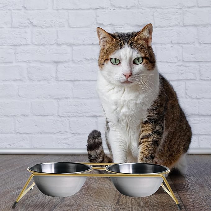 OUNONA Elevated Cat Bowl Stand Iron Feeder Bracket with Anti-Skid Base, Dual Raised Bowls for Cats and Kittens, Gold Pet Feeder Rack for Indoor Feeding and Watering