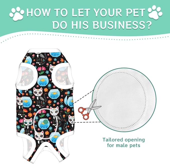 Sugar Skull Skeleton Cat and Fish Black Recovery Suit for Dogs Cats After Surgery, Pet Recovery Shirt Pet Onesies Recovery Suit