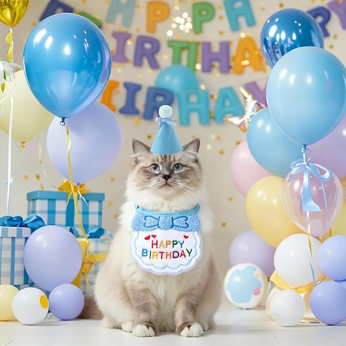 Cat Kitten Birthday Bandana Hat, 1Set Numbers Pet Birthday Decorations Outfits, Cute Cats Kittens Apparel Birthday Outfits, Blue Hat with Numbers Cat Bandana Pet Decorations ﻿