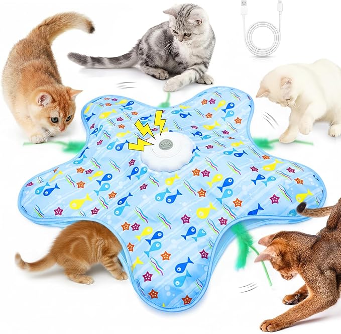 Interactive Cat Toy for Indoor Cats, Rechargeable Touch Activated Hide and Seek Cat Toys, Automatic Moving Concealed Wand Feather Toy for Bored Indoor Kitten Adult Cats, Real Bird Squeaky Blue