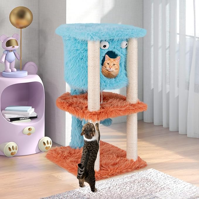 Tangkula Monster-Themed Cat Tree, 3-Level Cat Tower Activity Center with Large Cat Condo, Sisal Scratching Posts & Hanging Toys, Long Plush Cute Cat Tree Tower for Indoor Cats (34 Inch)