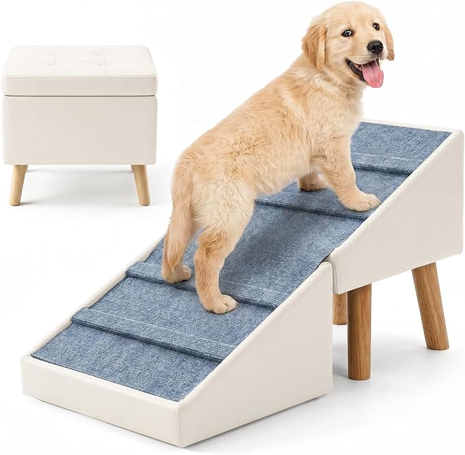 Dog Ramp for Small Dogs, 15.7" H 3-in-1 18.5" Extra Wide Foldable Ottoman & Hidden Storage Design Dog Stairs for Couch Sofa Bed, Non-Slip Pet Steps for Puppy Senior Injured Dogs (White)