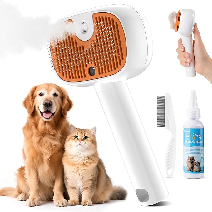4-in-1 Cat Steam Brush, 2025 Upgraded Pet Steam Brush for Indoor Cats Dogs Spray Hair Removal Comb, 2 Spray Self-Cleaning Dog Brushes for Shedding,Massage,Cleaning Grooming (White)