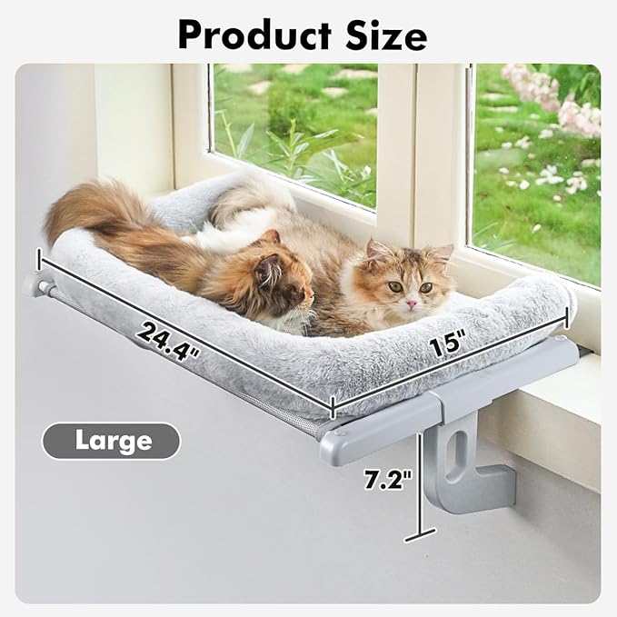 Zoratoo Cat Window Sill Perch with Large Bolster, Easy to Adjust & Assemble Cat Window Seat for Windowsill & Bedside, Pet Hammock Bed for Large Cats and Kittens (Grey, L)