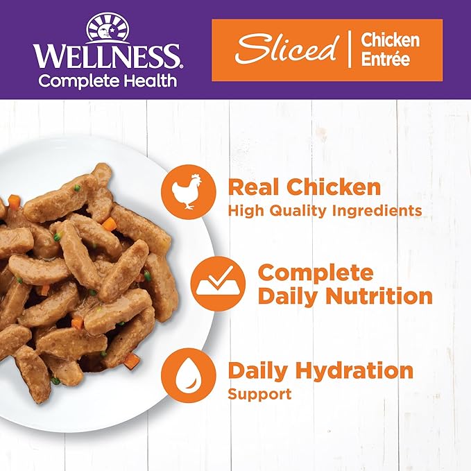 Wellness Complete Health Sliced Adult Canned Wet Cat Food, Natural, Protein Rich, Grain Free, Chicken Entrée Recipe, 5.5 oz, Pack of 24 Cans