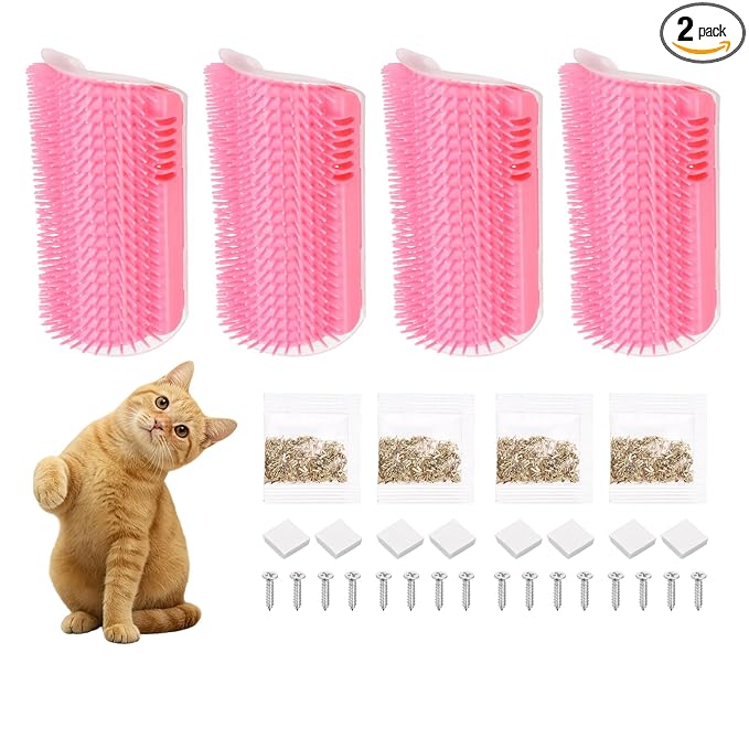 Self Grooming Cat Brush, Cat Self Groomer Scratcher with Catnip Softer Scratchers Wall Corner Groomer Massage Combs (2Pcs, L, Pink) for Long Short Fur Pets/Kittens/Puppies