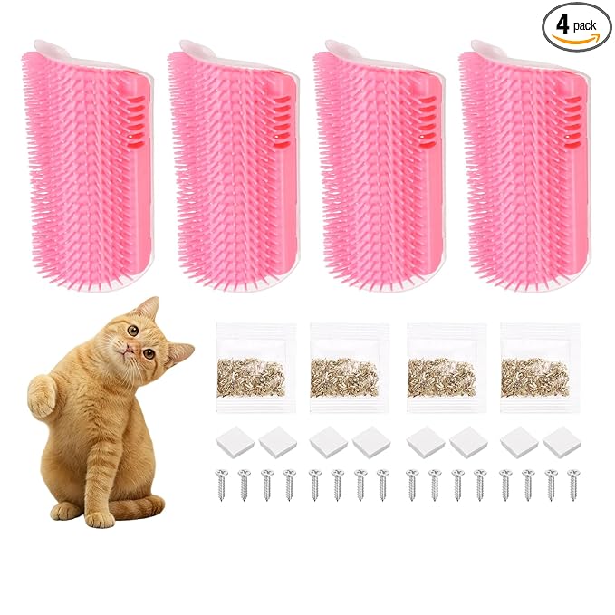 Self Grooming Cat Brush, Cat Self Groomer Scratcher with Catnip Softer Scratchers Wall Corner Groomer Massage Combs (4Pcs, L, Pink) for Long Short Fur Pets/Kittens/Puppies
