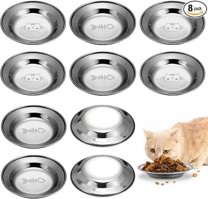 LemonRoad 8 Pcs Stainless Steel Cat Food Bowl Dishes 6.3 Inches Shallow and Wide Friendly Water Dishes Bowls for Indoor Cats Kitten and Small Pets Reducing Fatigue