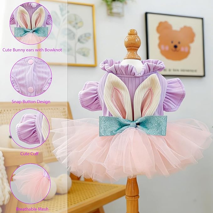 Dog Easter Bunny Ears Dress, Cute Bowknot Cat Tutu, Mesh Skirt for Princess Pet, Cosplay Clothing for Puppy, Kitten Cats, Small and Medium Dogs (Small)