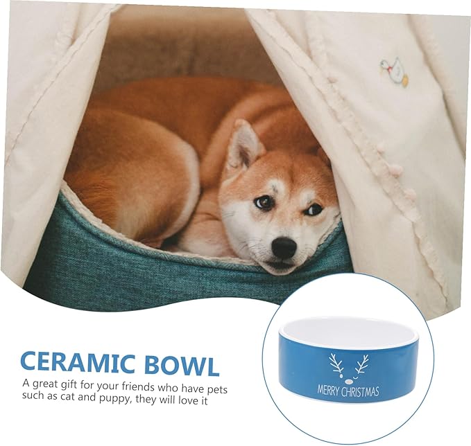 VILLCASE Christmas Ceramic Cat Bowl and Dog Feeding Dish with Snowman and Reindeer Pattern, Blue Porcelain Pet Food Bowl for Floor Feeding and Watering, Holiday Pet Supplies
