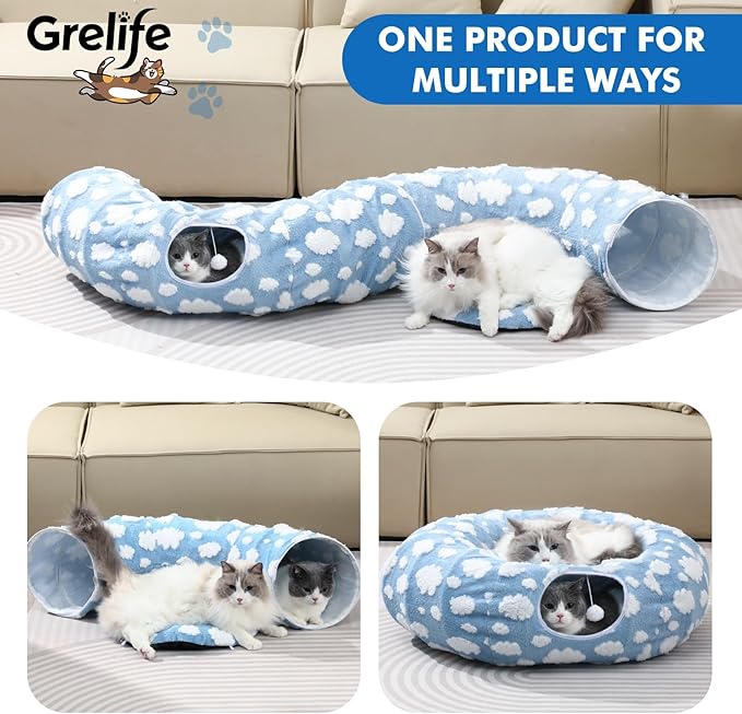 Grelife Cat Tunnel Bed for Indoor Cats, Cute Cat Tunnel Toys, Cat Donut Tunnel Toys with Washable/Removable Cushion, Non-Slip Base, for Cats, Kittens, Small Pets(33.5")