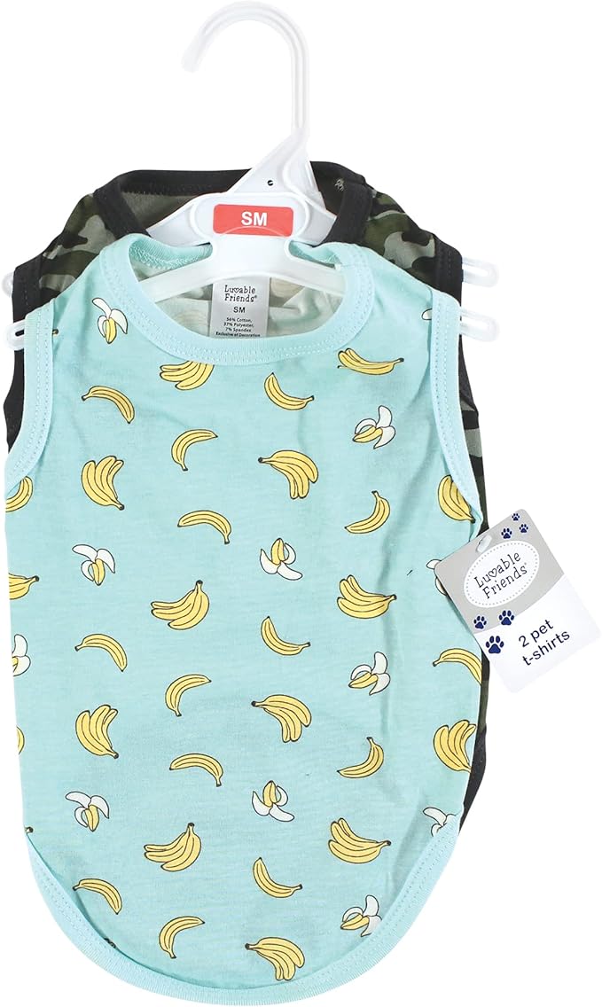 Luvable Friends Dog Pet Dog and Cats Cotton T-Shirts 2pk, Banana Camo, Small
