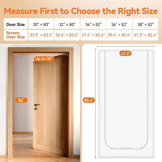 BFNN Cat Screen Door, Extra Tall Cat-Proof Mesh Gate, Fit Door Size 38'' x 82'', Anti Scratch Mesh with Zipper Closure, for Living Room, Kitchen, Bedroom (White, U-Shaped)