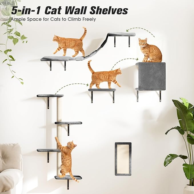 COZIWOW 5-Piece Cat Tree Set with Wall Mounted Cat Shelves, Cat Scratching Post & Cat Wall Furniture, Multi-Functional Indoor Cat Jungle Gym, Essential for Cat Room, Suitable for Large Cats(Grey)