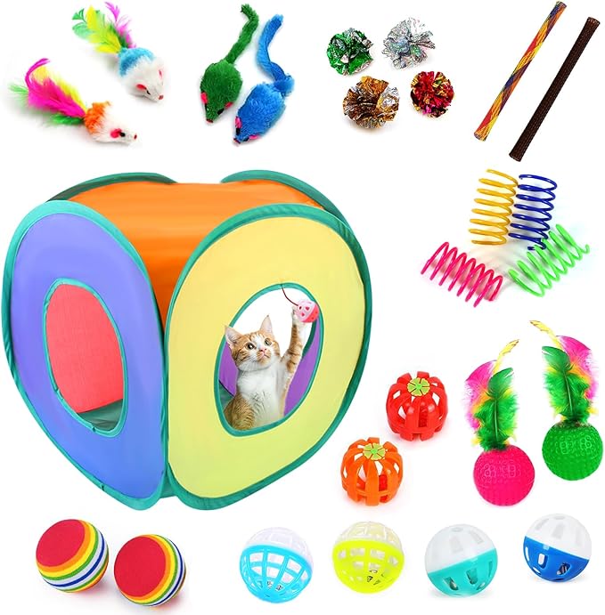 iCAGY 25 Pcs Cat Toys for Cats, Indoor Kittens - Interactive Variety Pack, Cat Cube Tunnel, Feather Golf, Mice, Springs, Balls, Noise Toys - Rainbow/Colorful