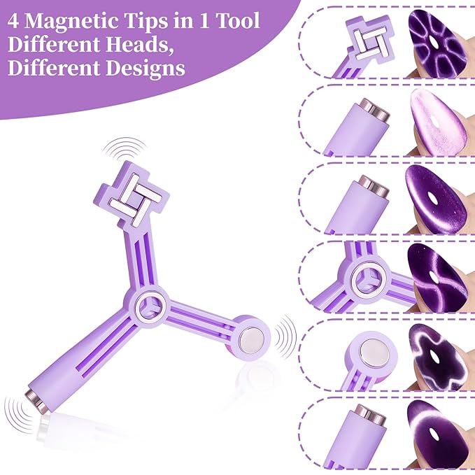 4 in 1 Nail Magnet, Cat Eye Gel Nail Polish Magnet for Nails, Compact Magnetic Nail Tool for French, Star & Cat Eye Designs, Strong Magnet Easy to Control for DIY Home & Nail Salon (HJ-NAT295-Purple)