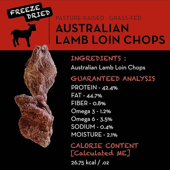 SIMBA'S WAY -Freeze Dried- RAW Australian Lamb LOIN CHOPS Dog and Cat Treats, Pasture-Raised, Grass-Fed, Human Grade, Single Ingredient, All Natural, Grain-Free, Made in The USA. [3 .oz] [1 PK]
