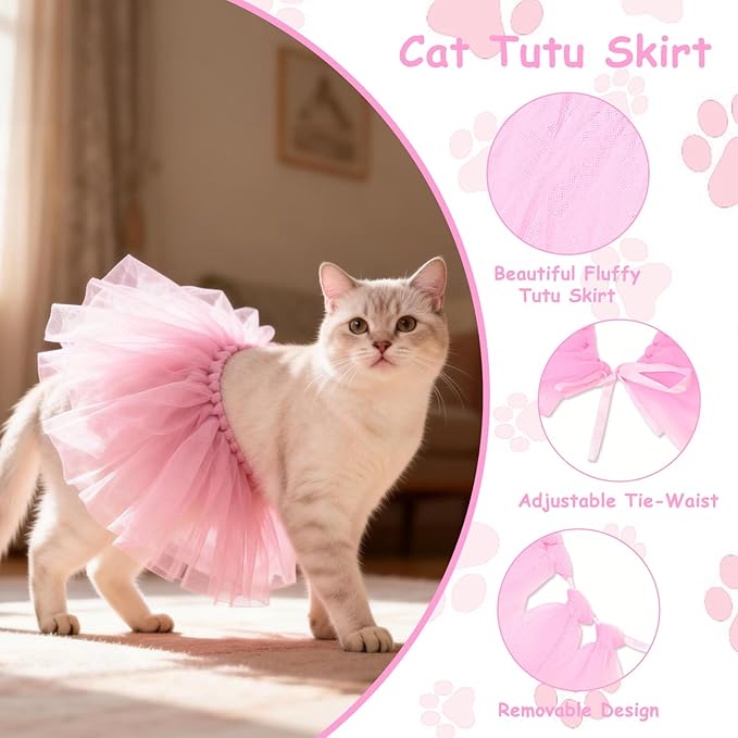 5Pcs Cat Birthday Decorations, Adjustable Cat Birthday Hat Bandana Tutu Skirt Collar Bow & 9 Number Stickers 0-8, Kitten Costume Outfit Decorations for Anniversary of Birth, Small Dog Friendly (Pink)