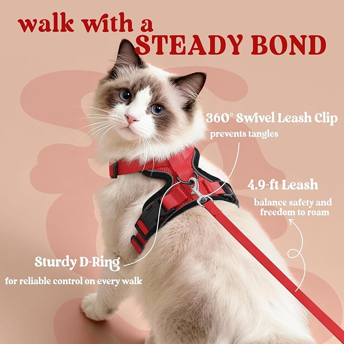 rabbitgoo Cat Harness and Leash for Walking, Escape Proof Soft Adjustable Vest Harnesses for Cats, Easy Control Breathable Reflective Strips Jacket, Red, M