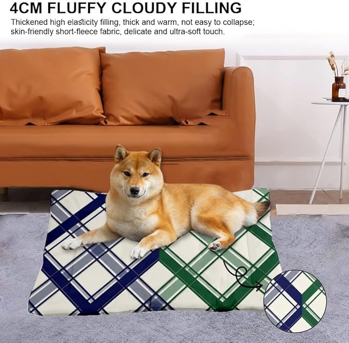 Green Blue Plaid Dog Bed Pad Non Slip Bottom Warm Mat for Dogs Cozy Soft Pet Beds for Cats Dog Room Accessories Printed Dogs Beds Gift Rectangular Bed 36× 24 Inch Indoor Outdoor