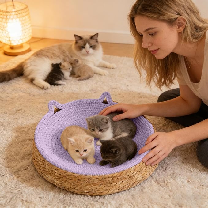Woven Cat Scratch Bowl - Cotton Rope Round Cat Bed, Kitten Ear Design Scratching Board, Durable Claw Grinding Lounge Toy,