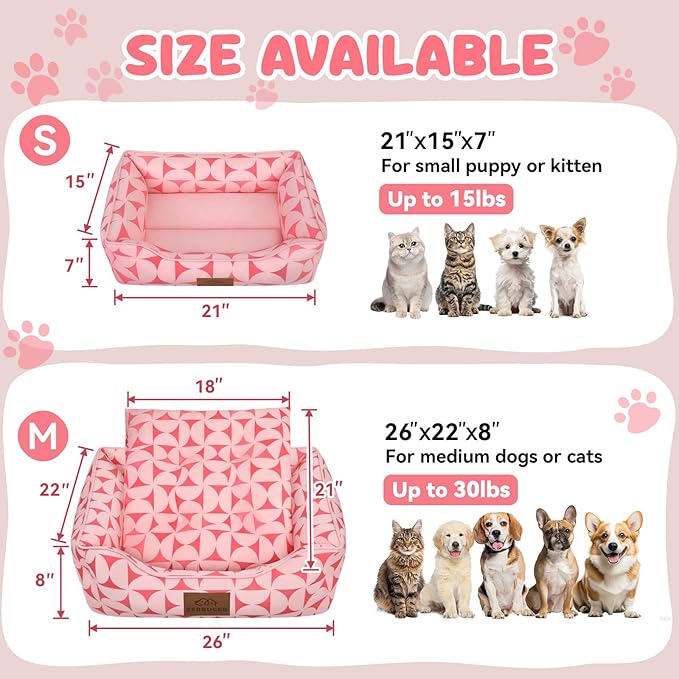 Zerbuger Rectangle Cat Dog Bed for Large Medium Small Pets Indoor Outdoor Machine Washable Sleeping Sofa Non-Slip Bottom Soft Puppy Bed Durable Orthopedic Calming Pet Cuddler (Small, Pink Pattern)