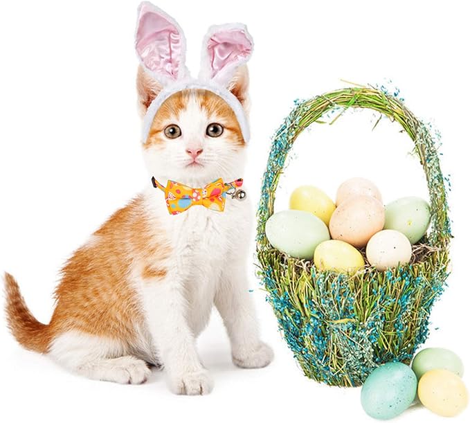 ADOGGYGO 2 Pack Easter Cat Collar with Removable Bow Tie Bell, Breakaway Carrot Pattern Easter Collars for Cat